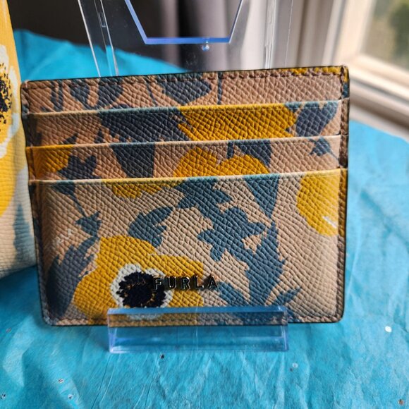 Furla Floral Yellow and Gray Print Leather Tote and card holder 3pc set - Picture 7 of 11